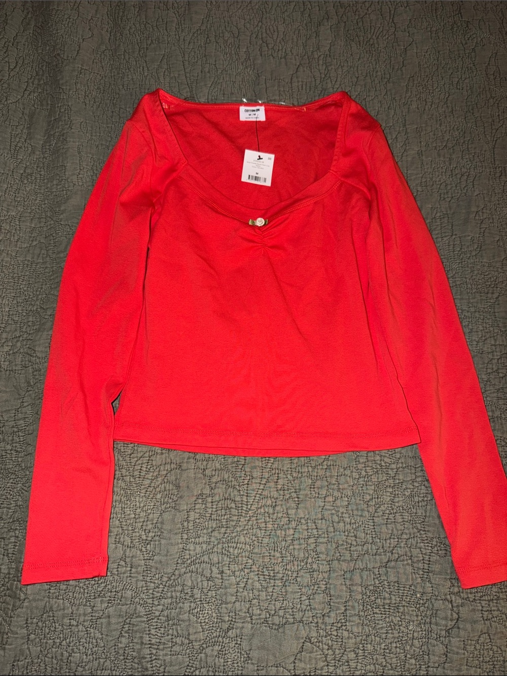 Cotton On Red Long-Sleeve Scoop Neck Top with Center Button